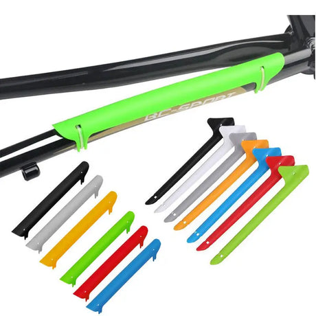 a set of four different colored plastic handle handles