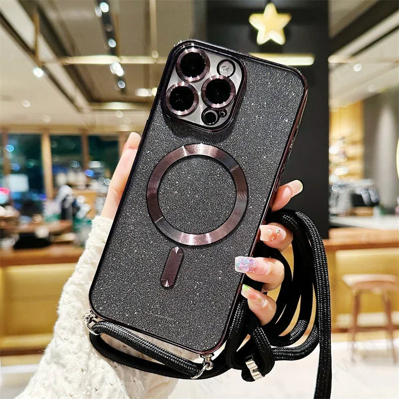 Sparkly black phone case with a magnetic ring and lanyard.