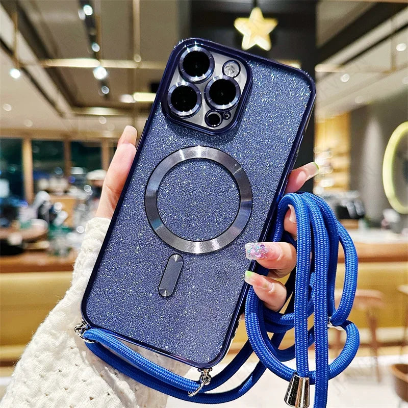 Sparkly blue phone case with lanyard.