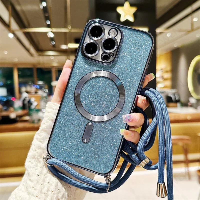 Sparkly blue phone case with lanyard.