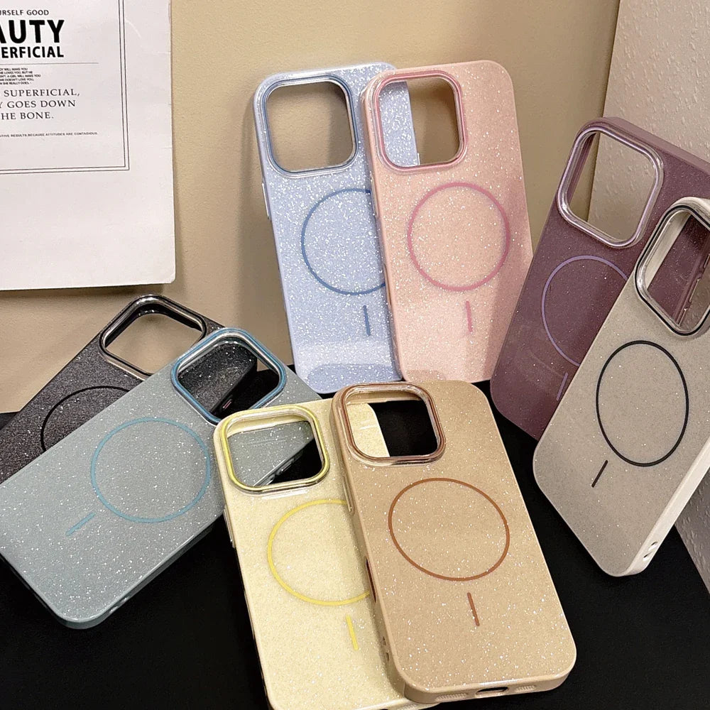 Glitter wireless charging slim phone case for iphone in pastel and metallic hues with magnetic charging circles on back