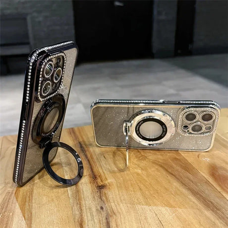 Sparkly phone cases with ring stands.