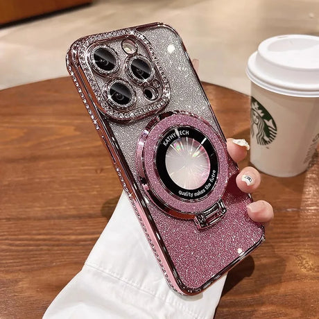 Sparkly pink and silver phone case with ring stand.