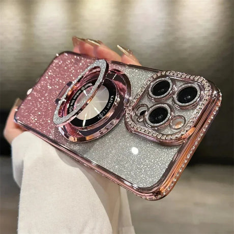 Sparkly pink and silver phone case with ring stand and jeweled camera surround.