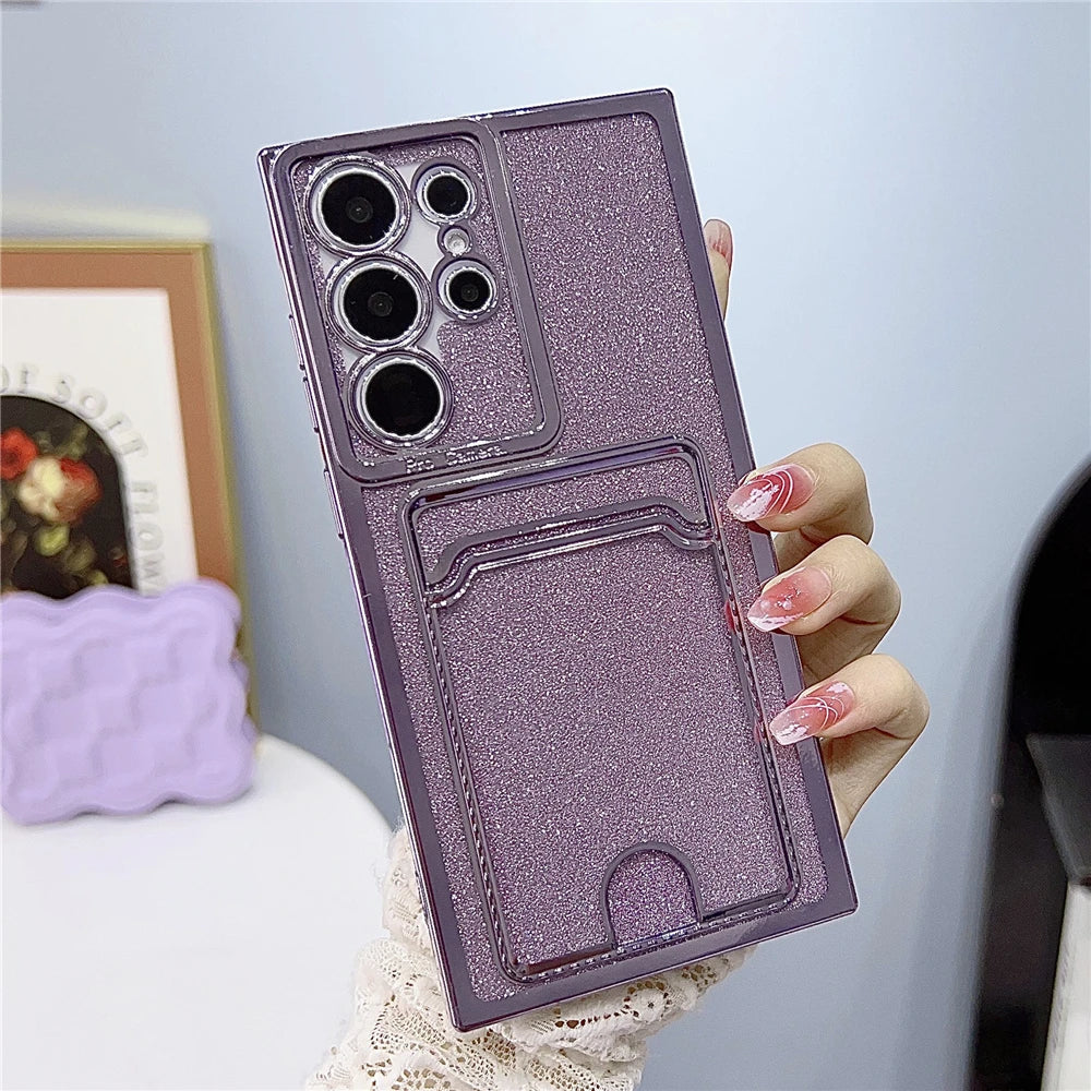 Sparkly purple phone case with a camera protector and card holder.