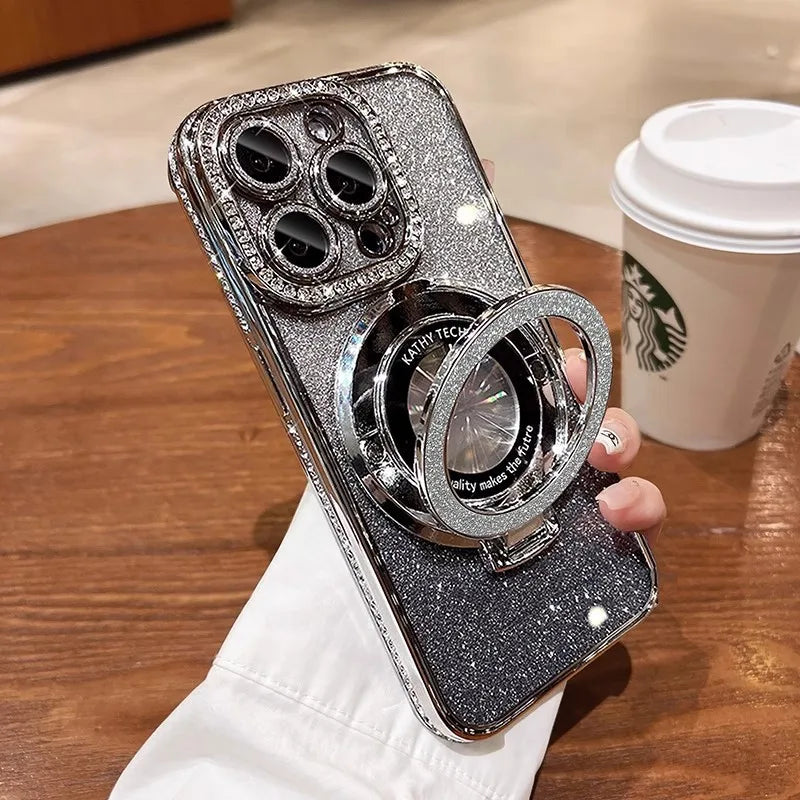 Sparkly silver phone case with ring stand.