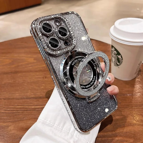 Sparkly silver phone case with ring stand.
