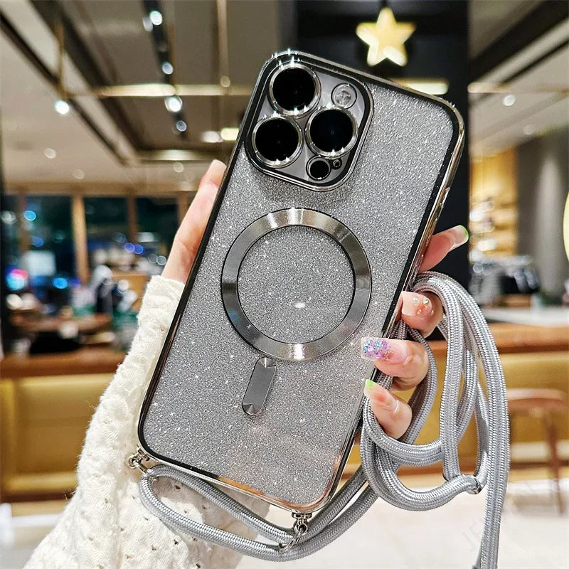 Sparkly silver phone case with MagSafe ring and lanyard.