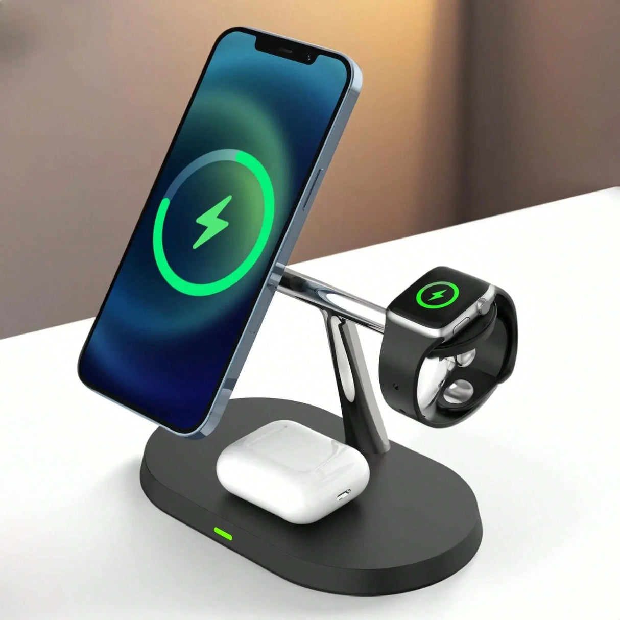 Charging stand with phone, watch, and earbud charging capabilities.