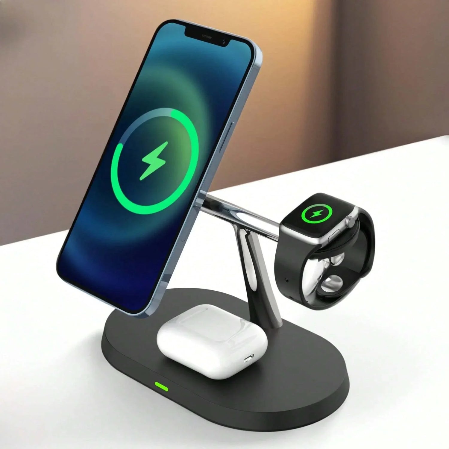 Charging stand with phone, watch, and earbud charging capabilities.
