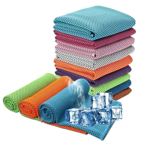 a stack of colorful towels and ice cubes