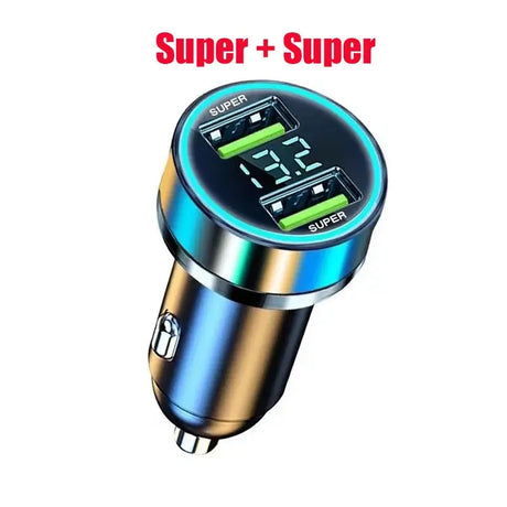 a blue and gold car charger with the words super super