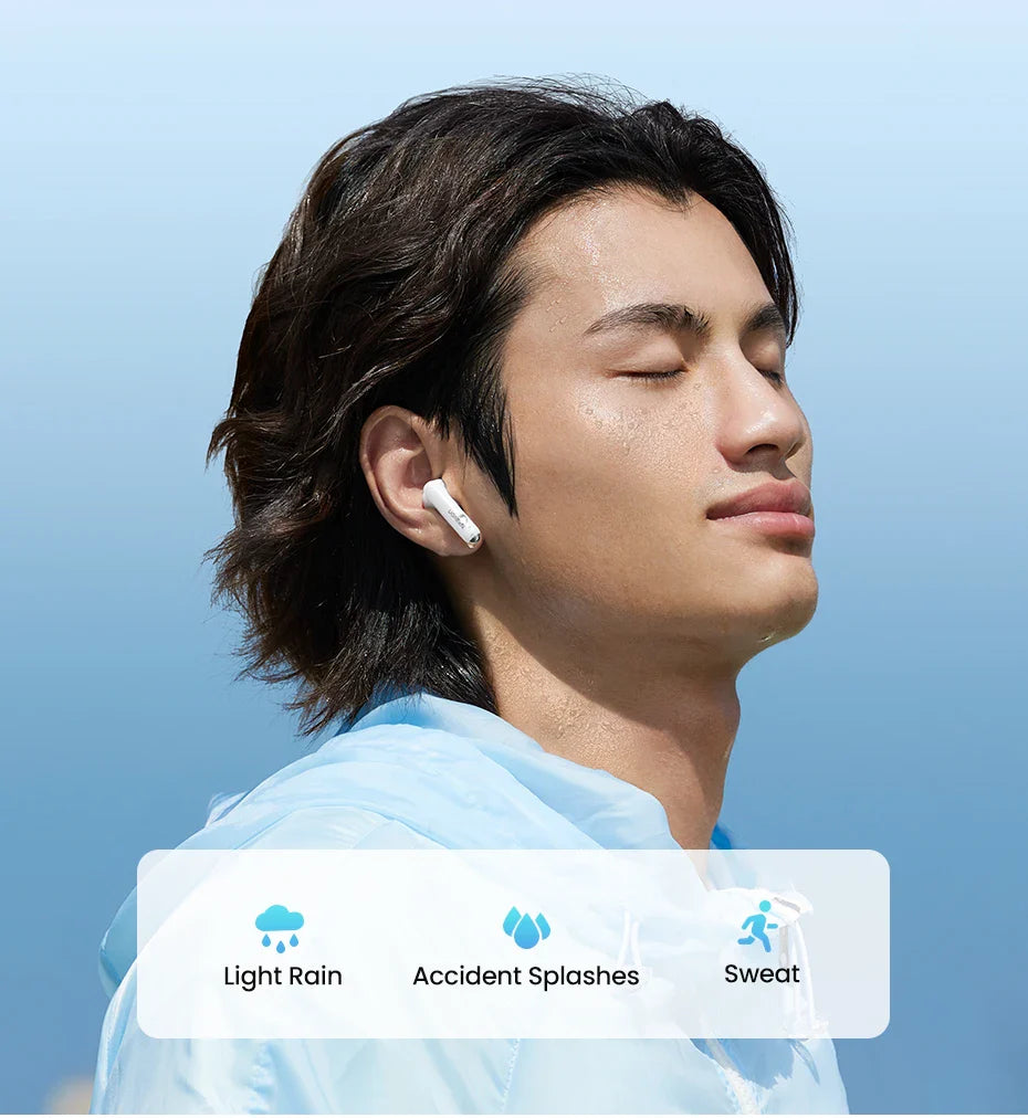 Sweaty man wearing earbuds.