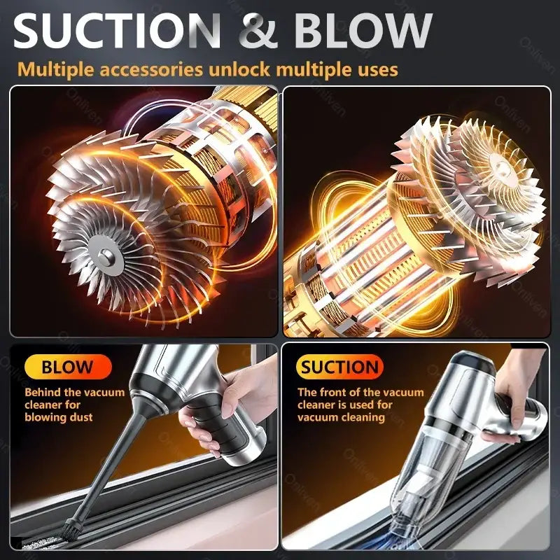 a close up of a person using a blower to blow a car
