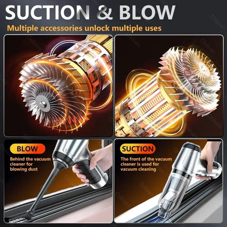 a close up of a person using a blower to blow a car