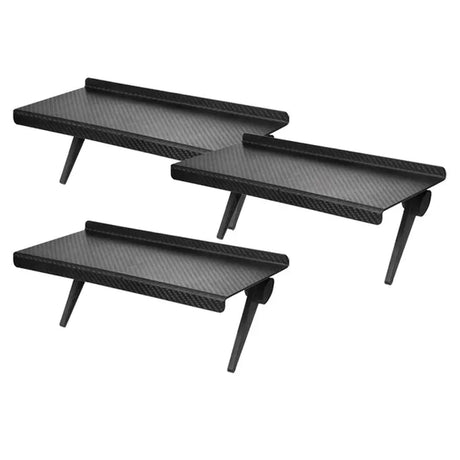 two black metal shelves with black legs and a white background