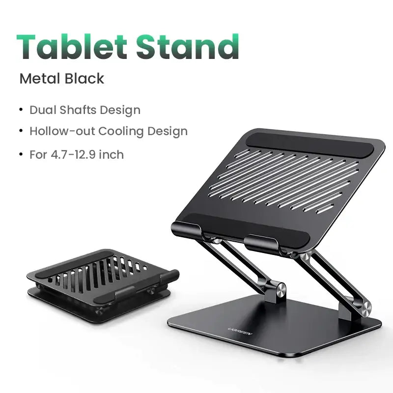 The tablet stand with a black base and a black base