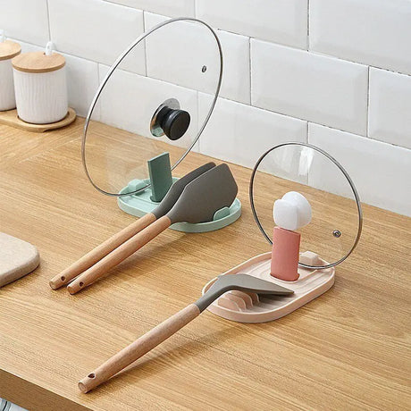 a wooden table with a mirror and a wooden spoon