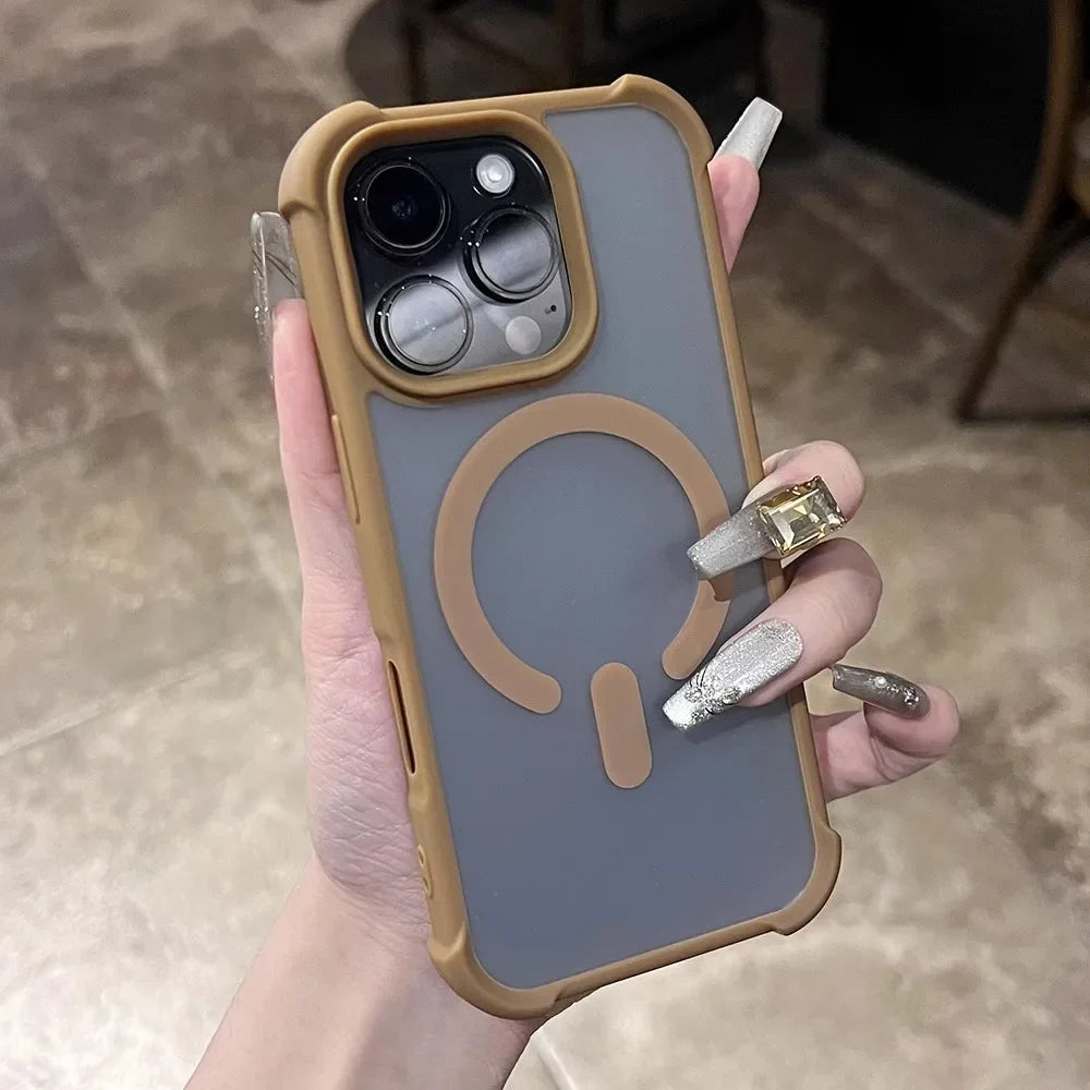 A tan-edged, frosted gray iPhone case with a magnetic charging ring.