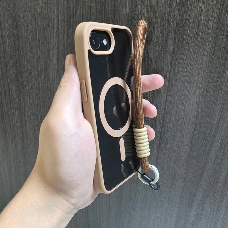 Tan phone case with brown lanyard.