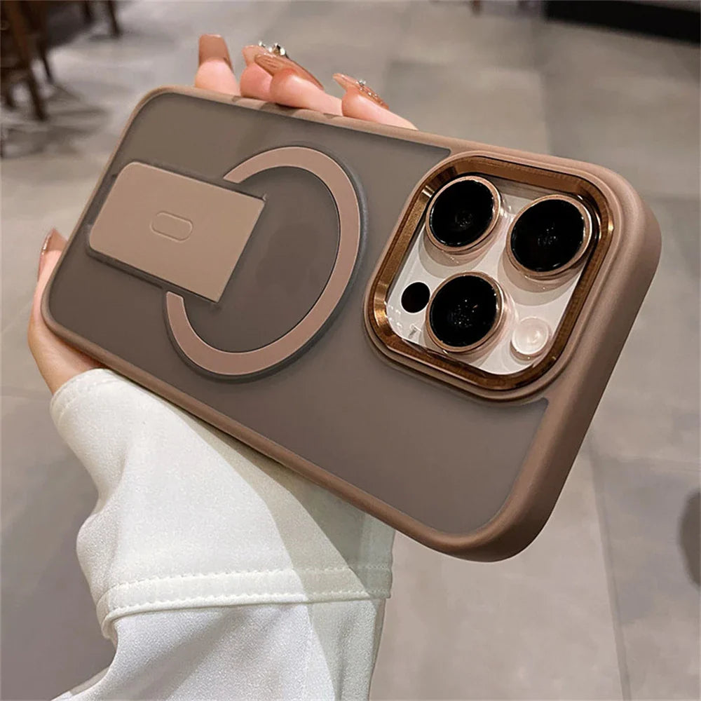 Taupe phone case with camera lens protection and kickstand.