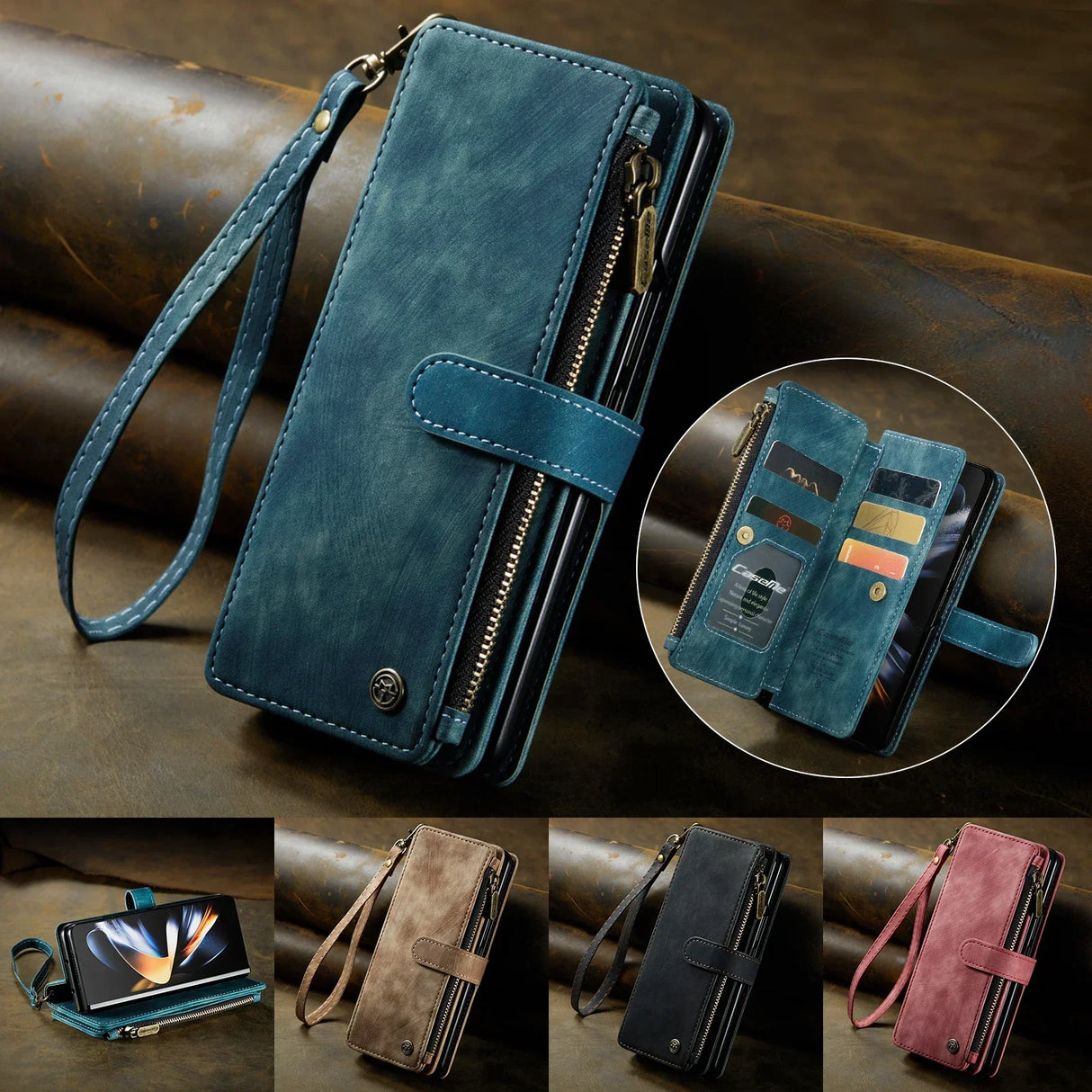 Teal leather wallet-style phone case with multiple card slots and a wrist strap.