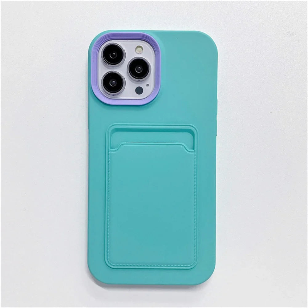 Teal phone case with card holder.