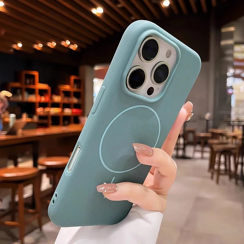 Teal silicone iPhone case with a MagSafe ring.