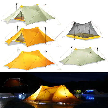 a set of four tents with lights on