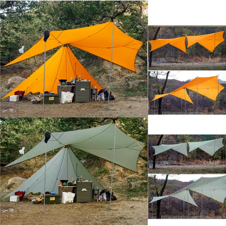 several pictures of a tent with a table and chairs in it