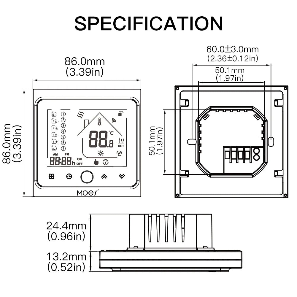 Thermostat dimensions diagram.