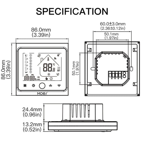 Thermostat dimensions diagram.