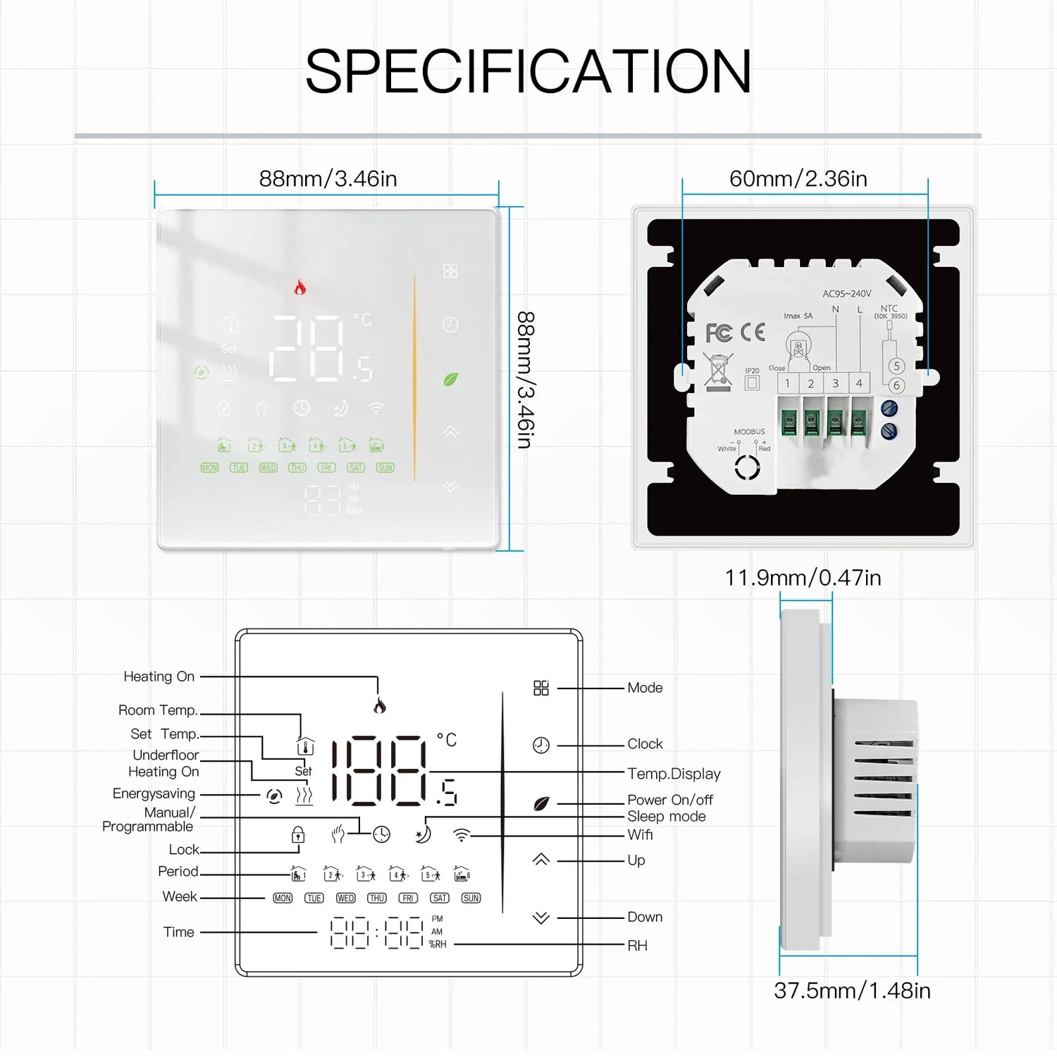 Thermostat specification diagram.