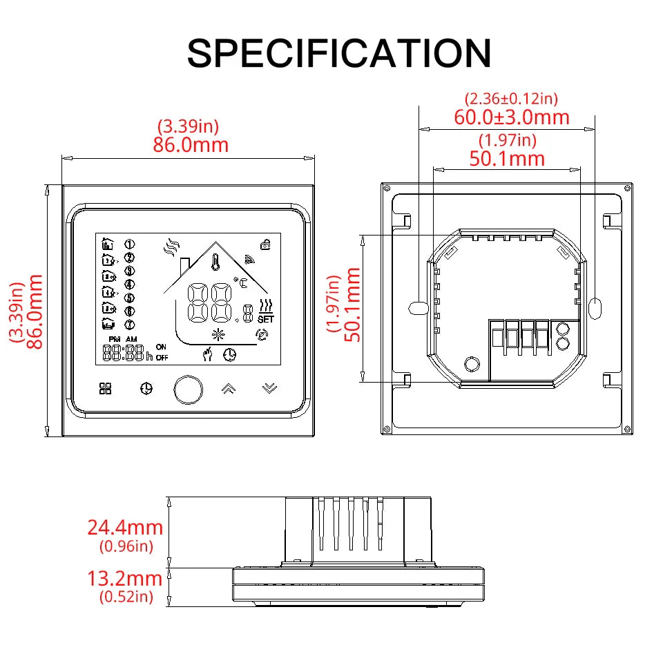 Thermostat specification diagram.