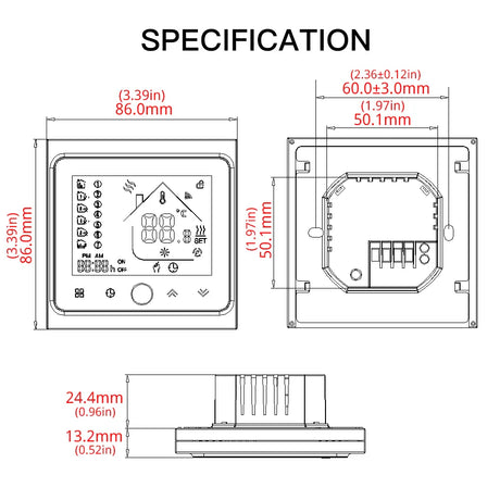 Thermostat specification diagram.