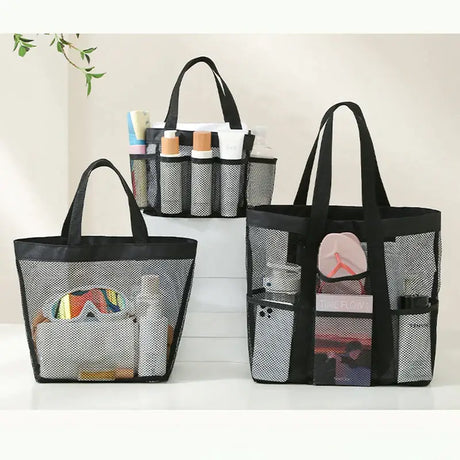 three black mesh bags with handles and handles