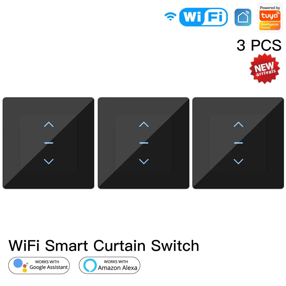 Three black smart curtain switches.