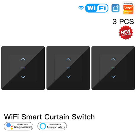 Three black smart curtain switches.