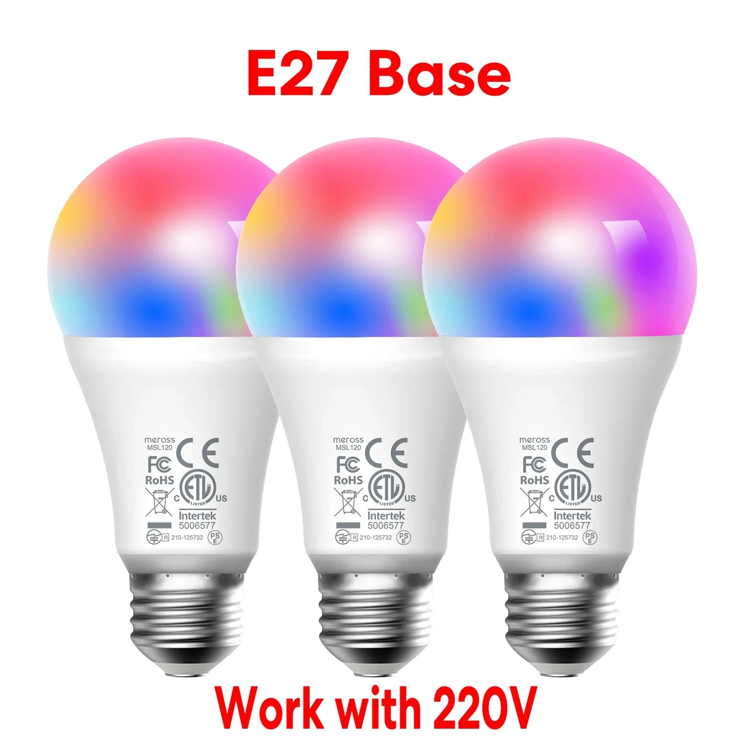three different colored light bulbs with the words e27 base