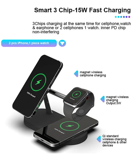 Three-device wireless charging stand.