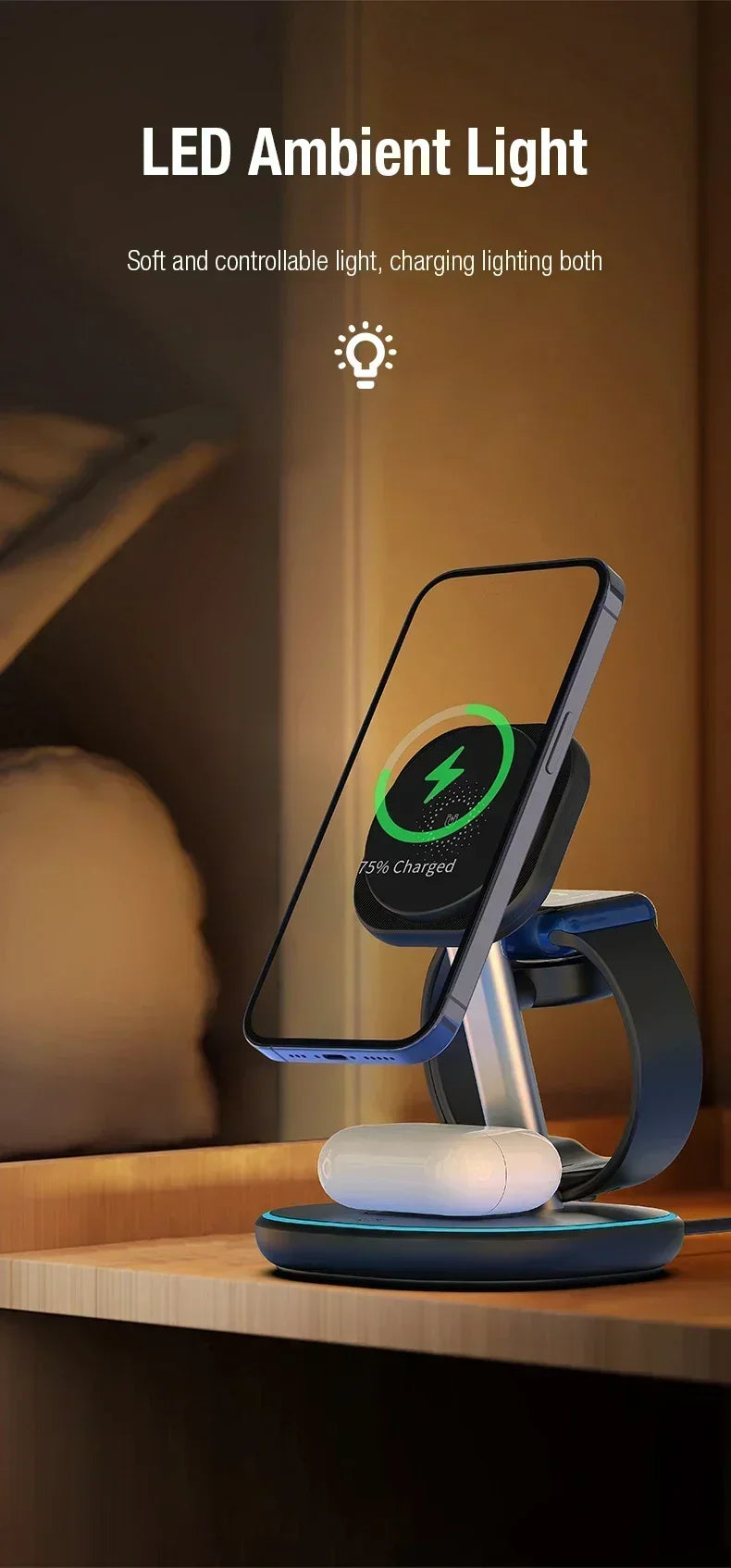 Three-in-one wireless charging stand.