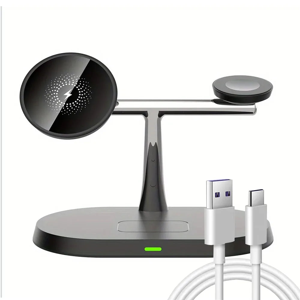 Three-in-one wireless charging stand with USB cable.