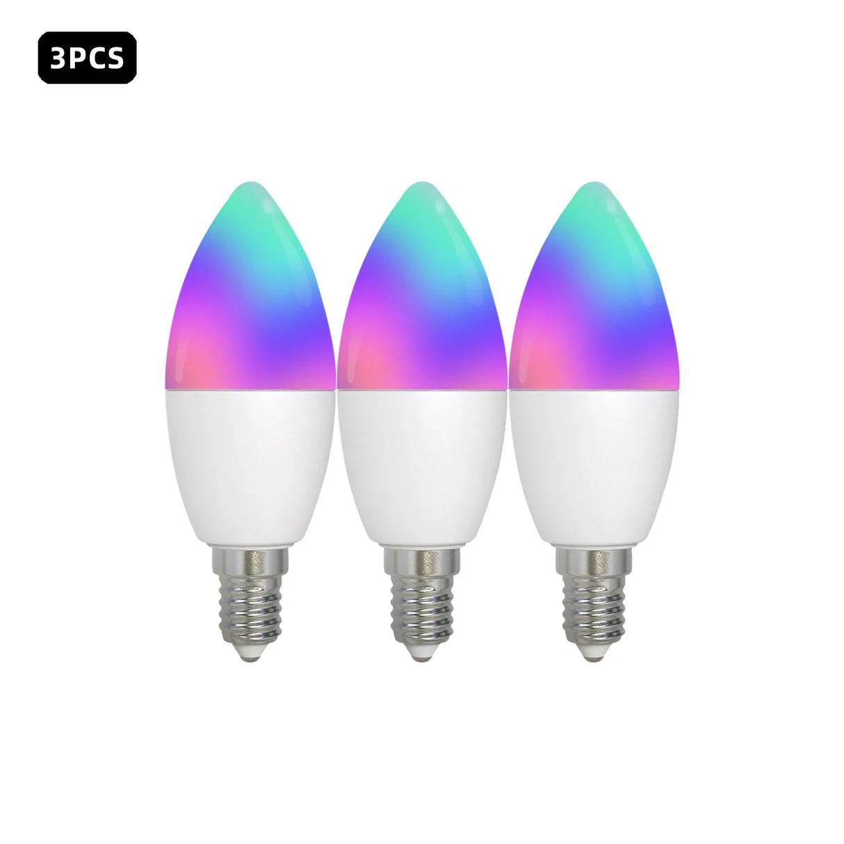 Three color-changing LED candle bulbs.
