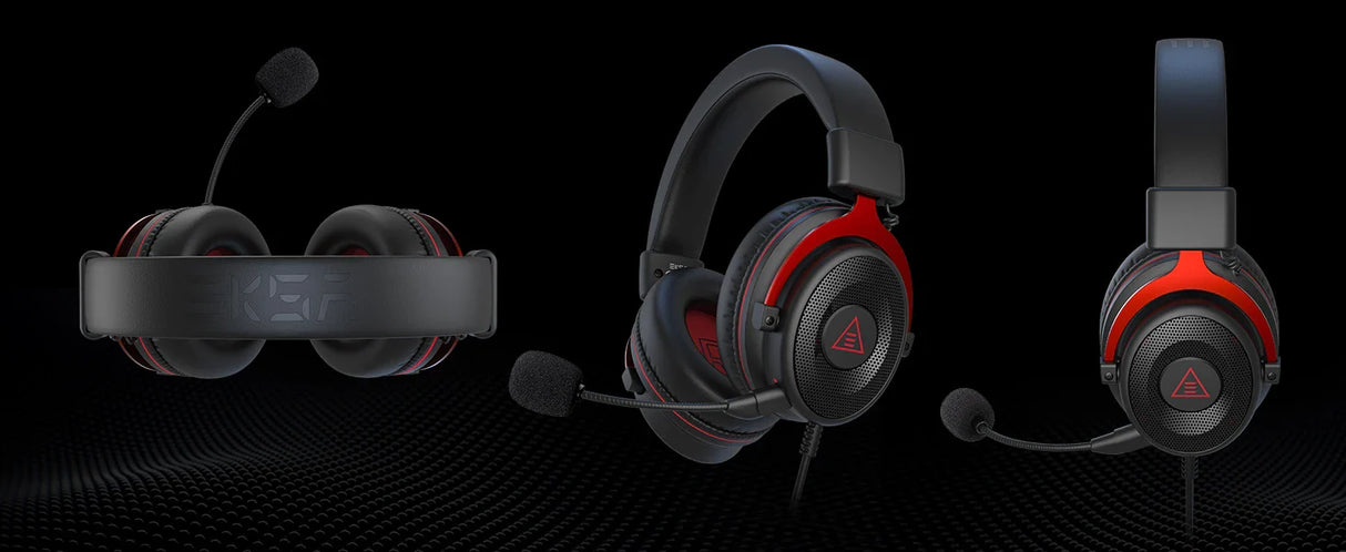 Three different models of gaming headsets with black and red color schemes.