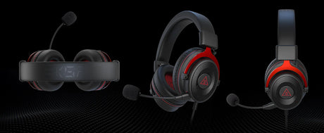 Three different models of gaming headsets with black and red color schemes.