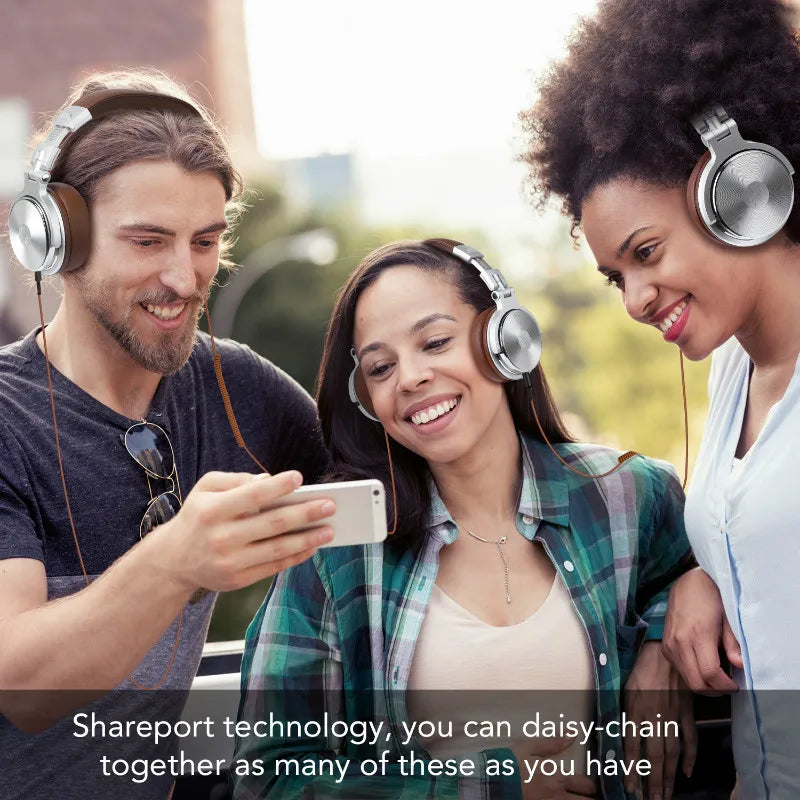 Three people wearing headphones.