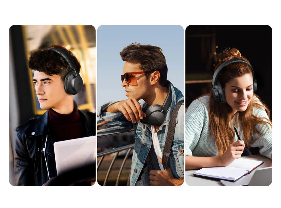 Three people wearing headphones.