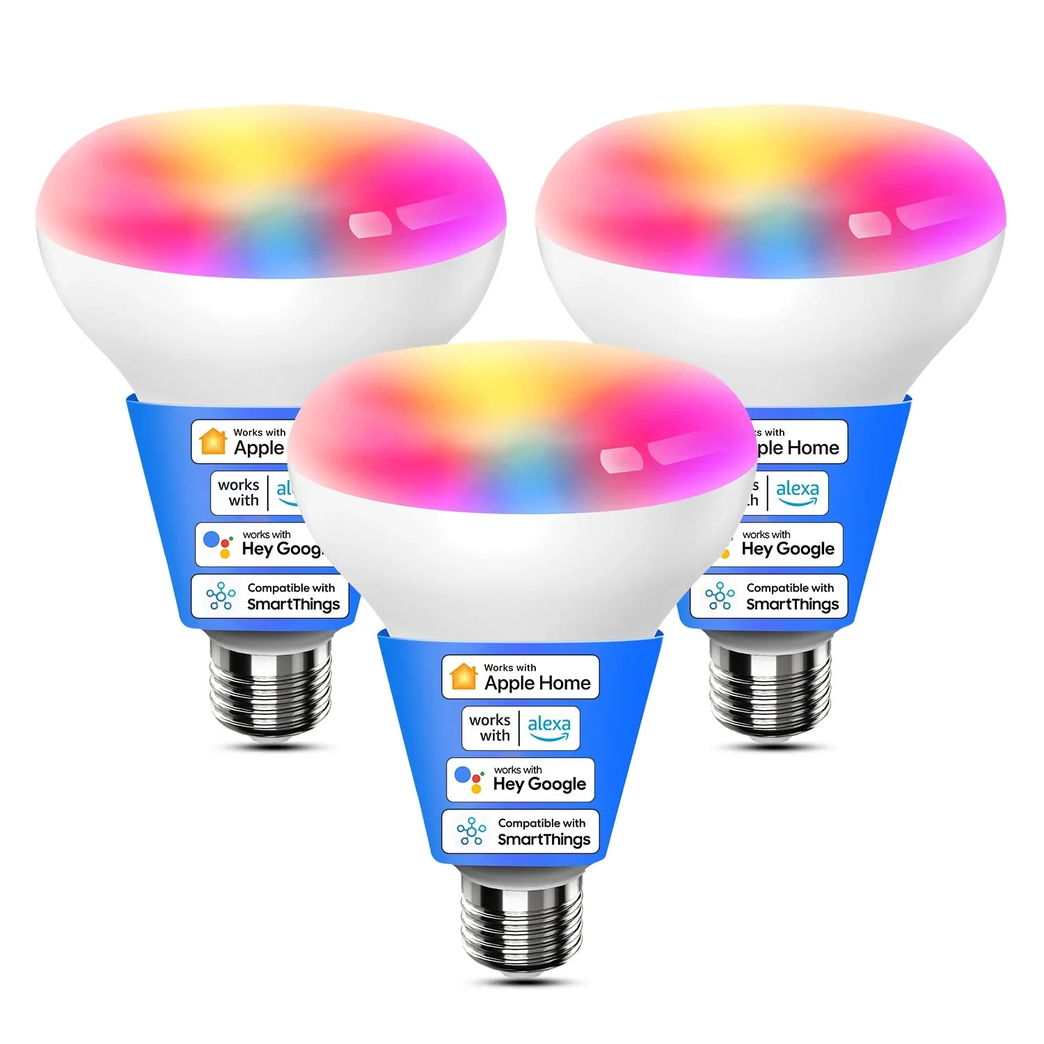 three philips smart light bulbs with colorful lighting on them