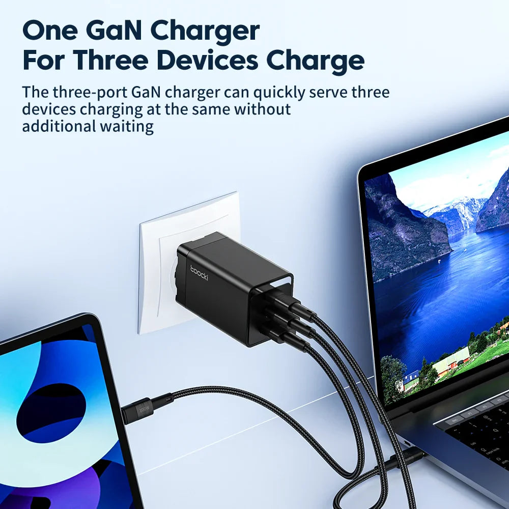 Three-port GaN charger capable of simultaneously charging multiple devices.