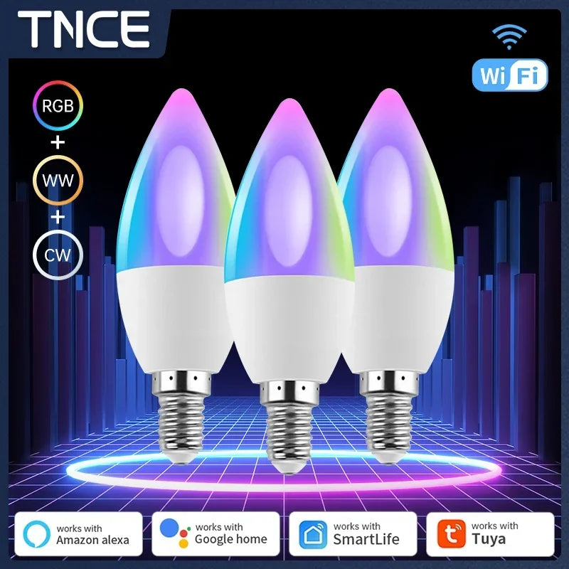 Three smart, color-changing LED candle bulbs.